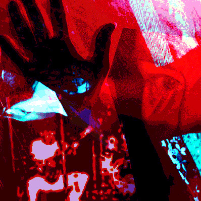 Grunge image of angry guitarist, hand and an innocent face